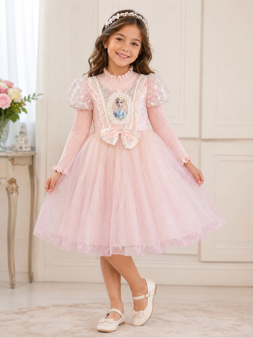 Pink Tulle Elsa Princess Dress Sequins Character Medallion Knit Sleeves/top Sz 8